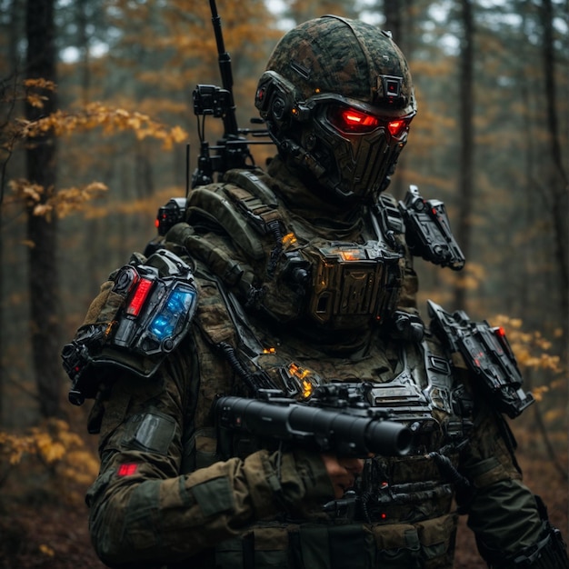 Ein Cyborg-Soldat, der in einem Kriegsgebiet kämpft.