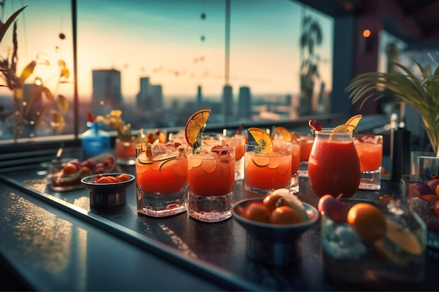 Ein Dachrestaurant mit Blick auf die Skyline der Stadt und Cocktails