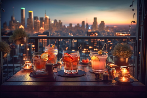 Ein Dachrestaurant mit Blick auf die Skyline der Stadt und Cocktails