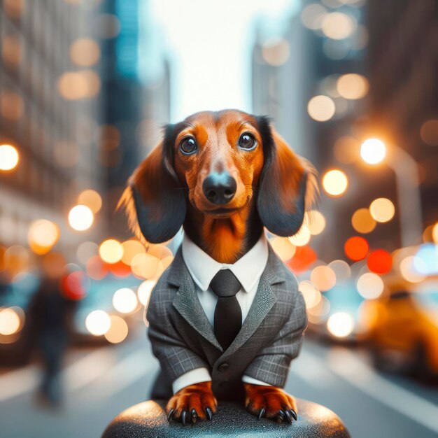 Ein Dachshund-Hund trägt einen Anzug auf einer Stadtstraße bokeh ai generative