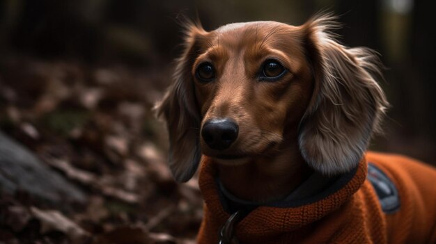 Ein Dackel in einem Wald mit Blättern auf dem Boden