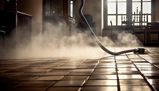 Ein Dampfschlauch kommt aus dem Boden eines Hauses.