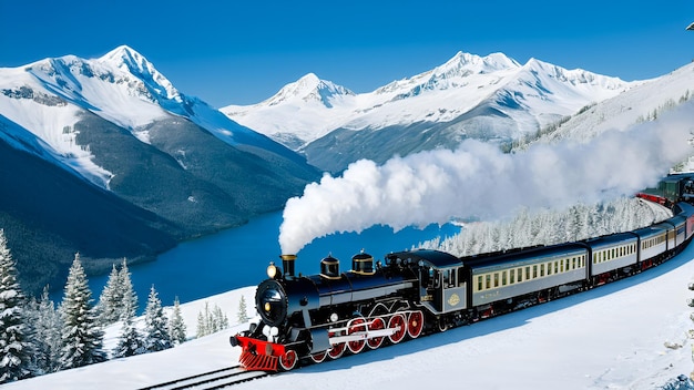 Ein Dampfzug fährt durch eine majestätische, schneebedeckte Bergkette