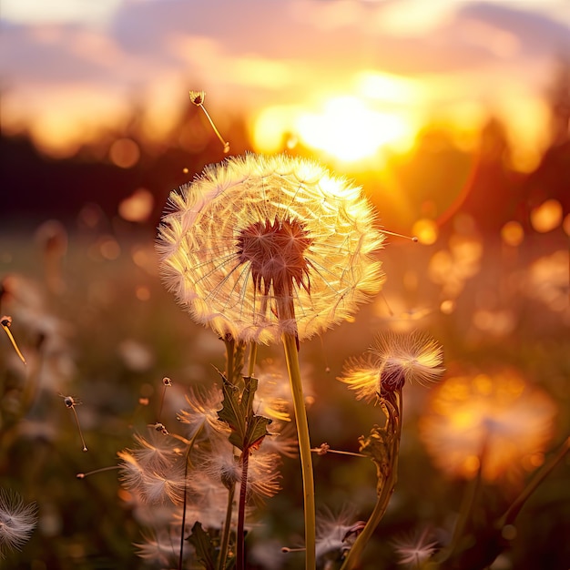 ein Dandel mit der untergehenden Sonne dahinter und einigen weißen Blumen im Vordergrund Das Bild wurde zur Sonnenuntergangzeit aufgenommen