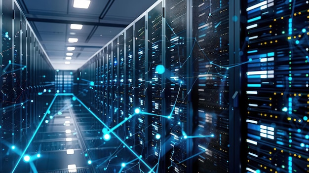 Ein Datenzentrum Korridor gefüllt mit Server Racks und digitale Netzwerk-Grafiken