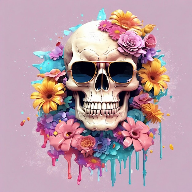 ein Dead Skull trägt eine trendige Sonnenbrille und ein T-Shirt mit Blumen-Splash-T-Shirt-Design