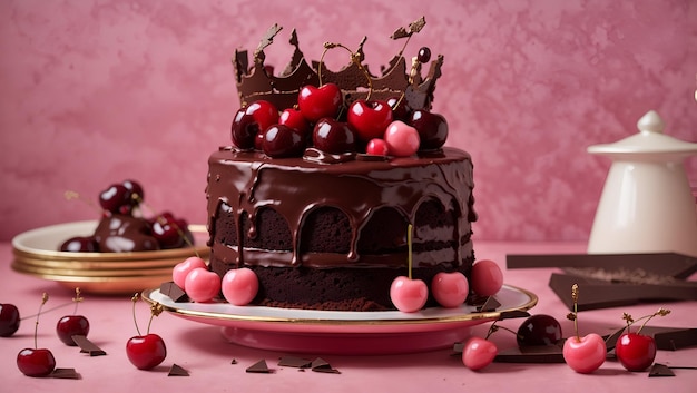 Ein dekadenter dunkler Schokoladenkuchen mit Schichten cremiger Ganache und einer Krone aus süßen reifen Kirschen