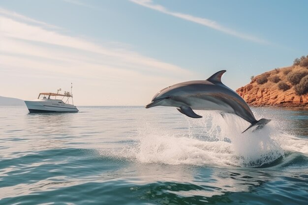 Ein Delfin springt an einem malerischen Ort in das blaue Meer