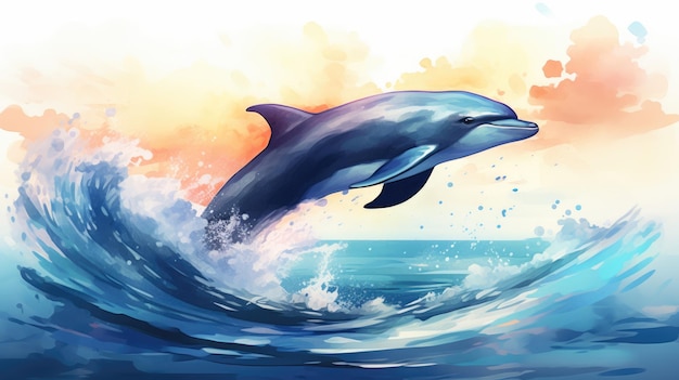 Ein Delfin springt aus dem Wasser Aquarell Gradient Ozean kühle Töne KI Generativ