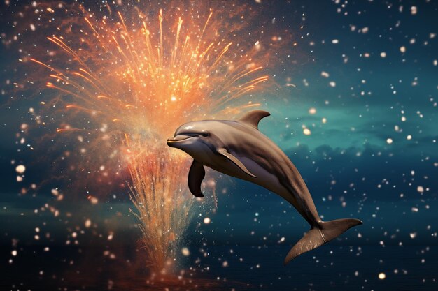 Ein Delfin springt aus dem Wasser, sein Körper glänzt mit Tropfen, während er ein mit Konfetti gefülltes Feuerwerk fängt, das die Freude des Neujahrs symbolisiert.