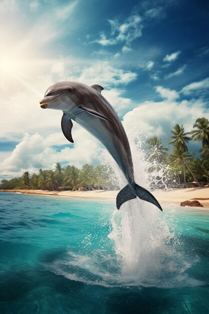 Ein Delfin springt vor einem Strand aus dem Wasser.
