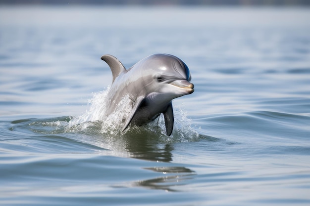 Ein Delfinbaby springt aus dem Wasser und schlägt mit dem Schwanz, erzeugt durch generative KI