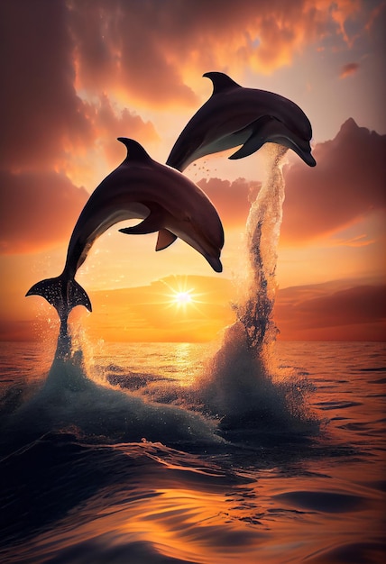 Ein Delfinpaar schwimmt bei Sonnenuntergang im Meer. KI generiert