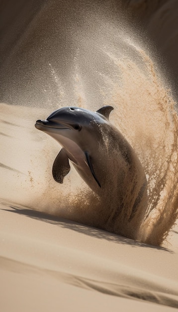 Ein Delphin springt aus dem Sand.