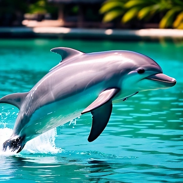 Ein Delphin springt aus dem Wasser, auf dem Boden steht „Alles Gute zum Geburtstag“.