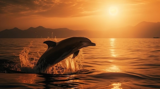 Foto ein delphin springt bei sonnenuntergang aus dem wasser.