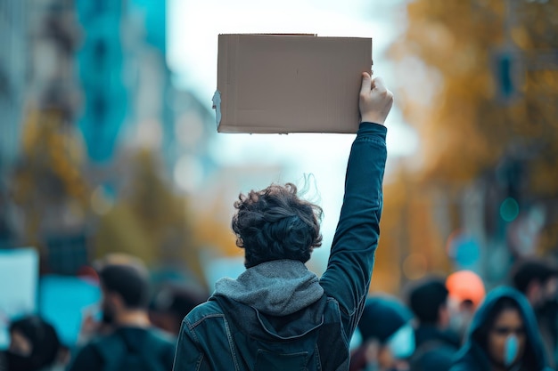 Ein Demonstrant in einer Jacke hält ein leeres Kartonschild bei einer städtischen Anonymitätsdemonstration