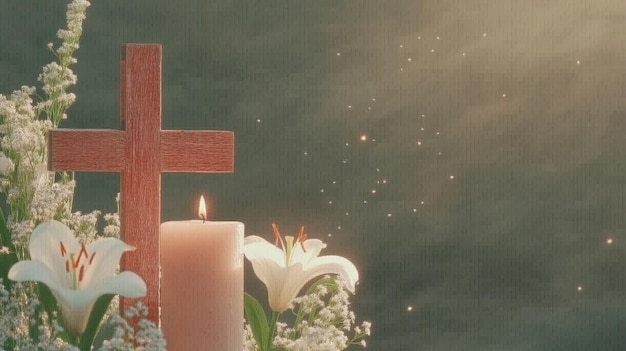 Ein Denkmalbild mit Kerzen, Lilien und einem Holzkreuz Das weiche Licht und die ruhige Umgebung c