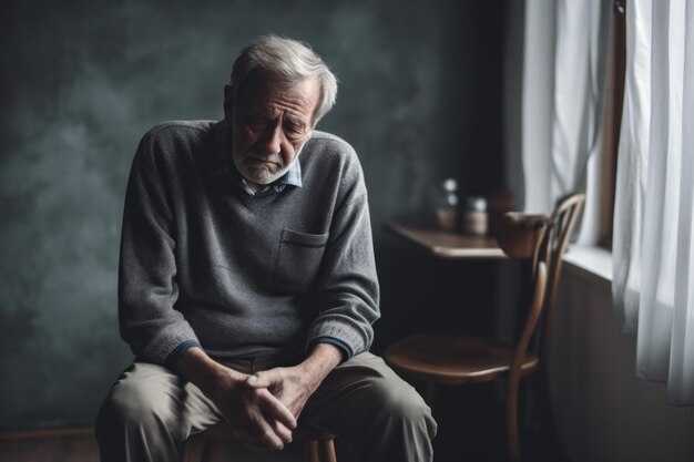 Foto ein depressiver älterer mann, der zu hause in quarantäne ist, leidet unter einsamkeit