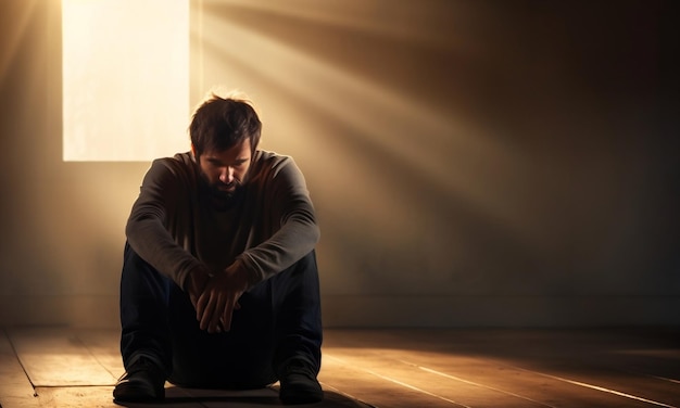 Ein deprimierter, trauriger Mann, der vor verschwommenem Raumhintergrund am Boden sitzt