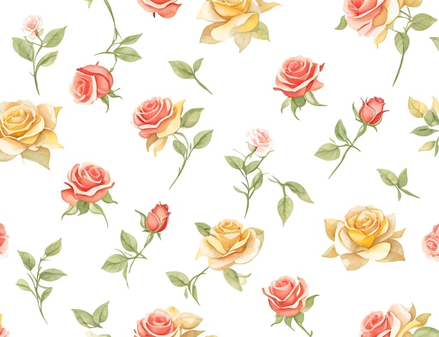 Ein Design aus hellroten Rosenblüten und Blättern mit nahtlosen Mustern auf Blumenhintergrund