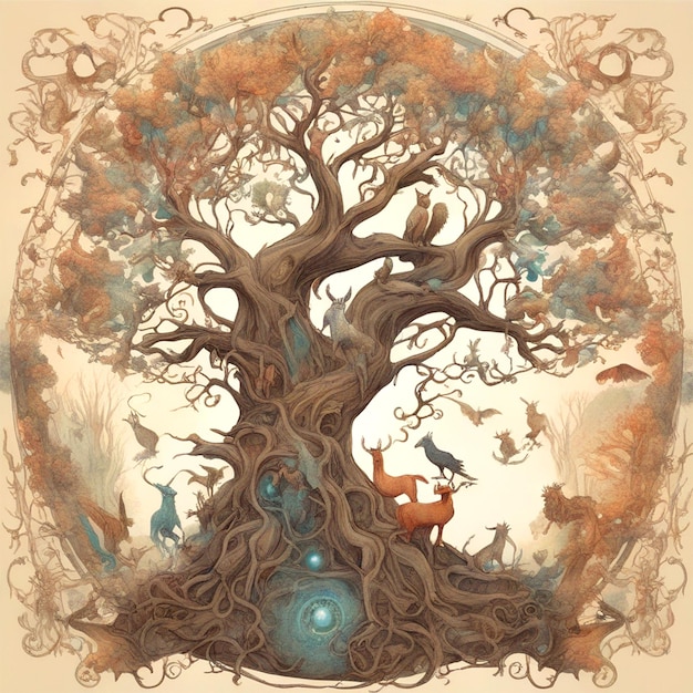 Ein Design, eine Illustration eines verzauberten Baumes, umgeben von mystischen Kreaturen für eine Fantasy-Umgebung