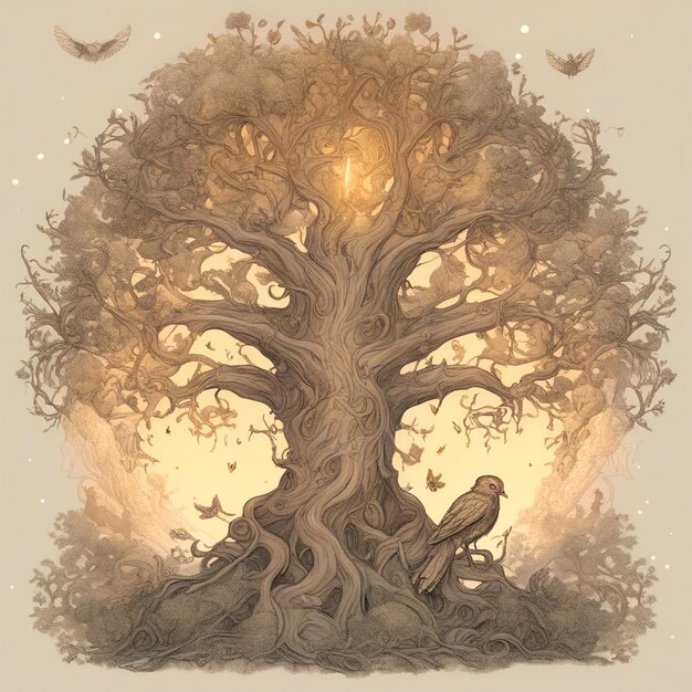 Ein Design, eine Illustration eines verzauberten Baumes, umgeben von mystischen Kreaturen für eine Fantasy-Umgebung