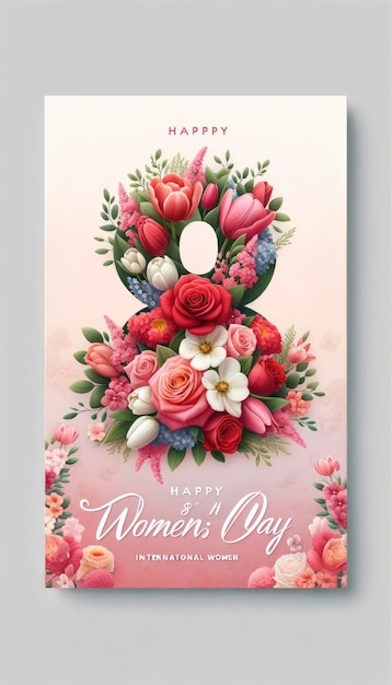 Ein Design mit einem Strauß Frühlingsblumen in Form der Zahl „8“, vor einem Pastellfarbverlauf mit subtilen Blumenmustern und eleganter Kalligrafie AI Generative