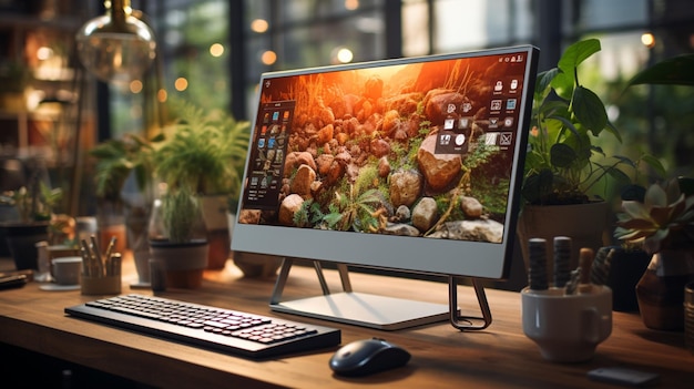 Ein Desktop-Computer auf einem schönen Schreibtisch mit Naturhintergrund