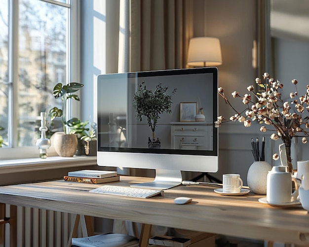 Ein Desktop-Computer-Monitor steht auf einem Tisch