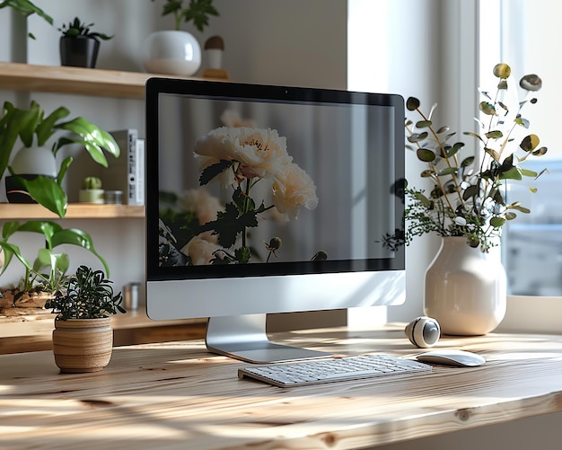 Ein Desktop-Computer-Monitor steht auf einem Tisch