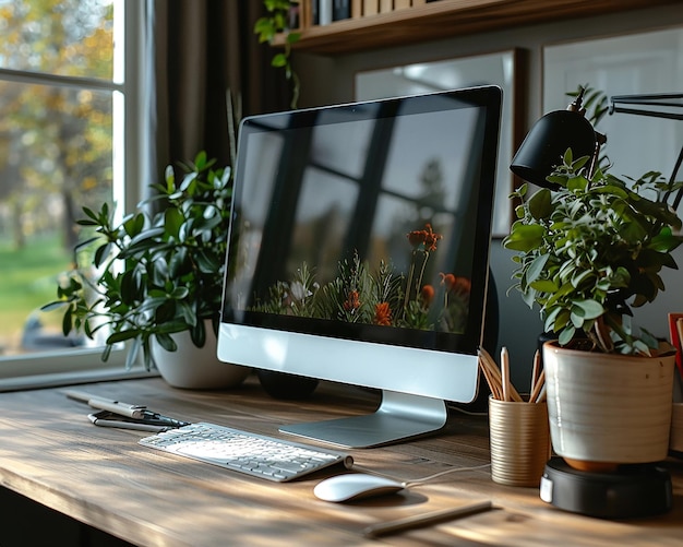 Ein Desktop-Computer-Monitor steht auf einem Tisch