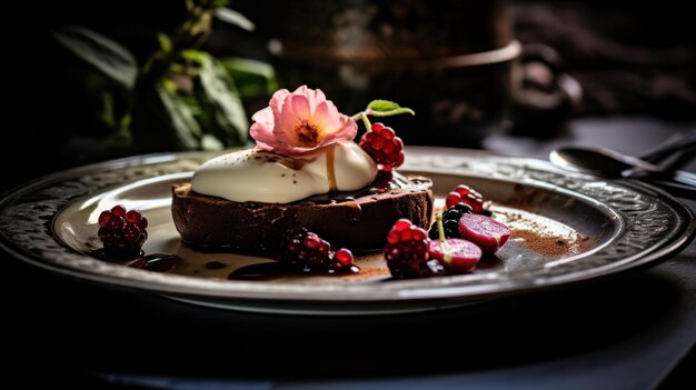 Foto ein dessert auf einem silbernen teller mit beeren und sahne ai