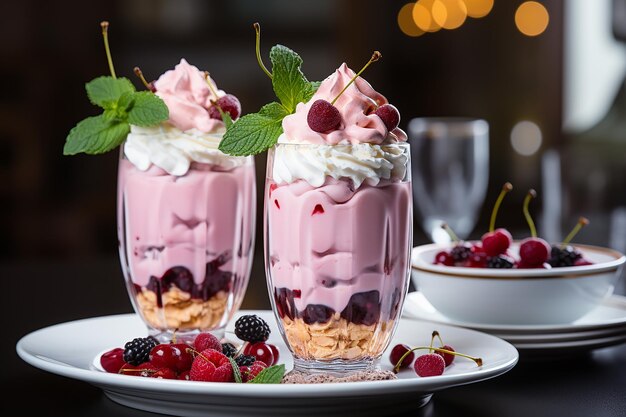 ein Dessert aus Joghurt mit Beeren und einer Tasse Joghurt