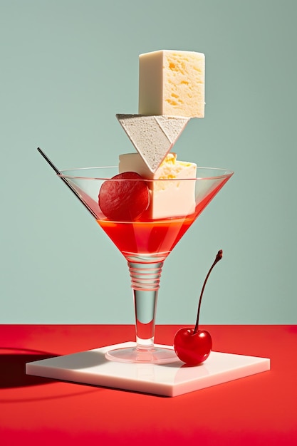 Ein Dessert in einem Martini-Glas mit einer Kirsche an der Seite. Generatives KI-Bild
