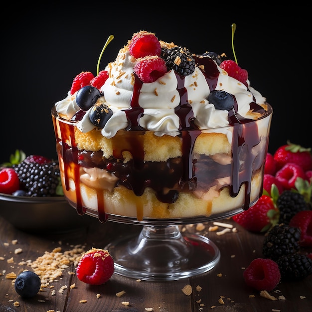 ein Dessert mit Beeren und Beeren auf einem Tisch