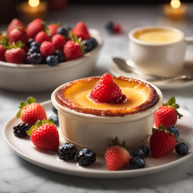 ein Dessert mit Beeren und eine Tasse Kaffee