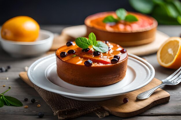 Ein Dessert mit einem grünen Blatt darauf