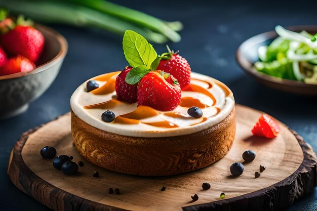 ein Dessert mit einer Erdbeere und einer Schüssel Obst auf dem Tisch.