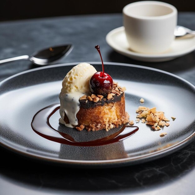 Foto ein dessert mit einer kirsche oben drauf und einem löffel daneben.