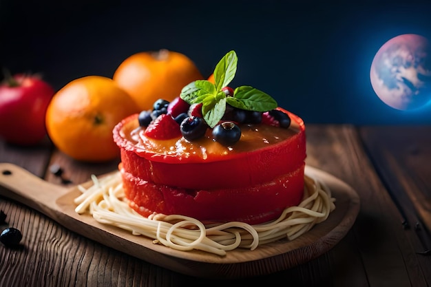 ein Dessert mit Früchten und Orangen auf einer Holzoberfläche