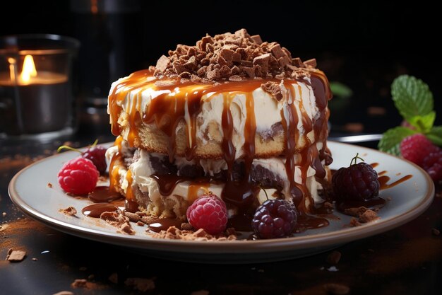 ein Dessert mit Himbeeren und Schokolade darüber