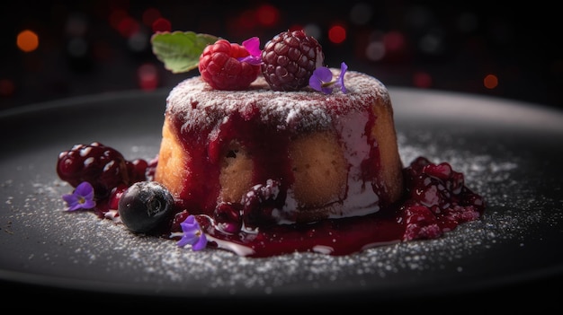 Ein Dessert mit roter Soße und Blaubeeren auf schwarzem Hintergrund