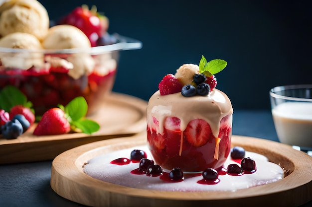 Ein Dessert mit roter Soße und Blaubeeren obendrauf