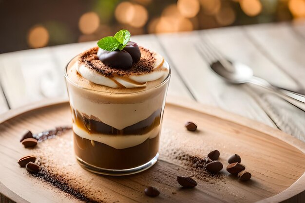 ein Dessert mit Schokolade und Vanille-Eis auf einem Holztisch