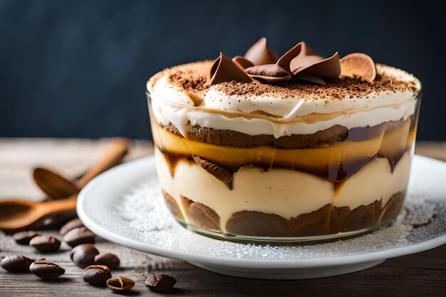 ein Dessert mit Schokolade und Vanille-Glasur auf einem Teller
