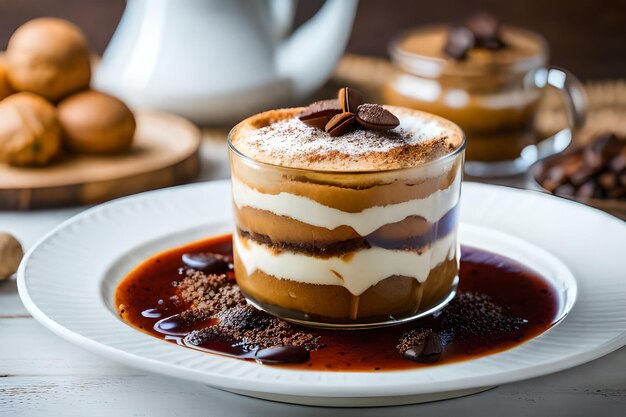 ein Dessert mit Schokolade und Vanillecreme oben