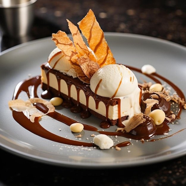 Foto ein dessert mit schokoladensauce und bananen auf einem teller.