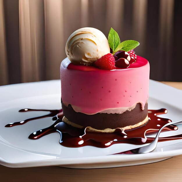 Foto ein dessert mit schokoladensauce und erdbeeren auf einem teller.