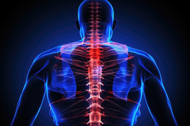 Ein detailliertes Bild, das den Nacken eines Mannes zeigt und die sichtbaren Anzeichen und Beschwerden im Zusammenhang mit Nackenschmerzen zeigt. Schmerzen im unteren und oberen Rücken sind in Blau und Rot hervorgehoben. KI-generiert